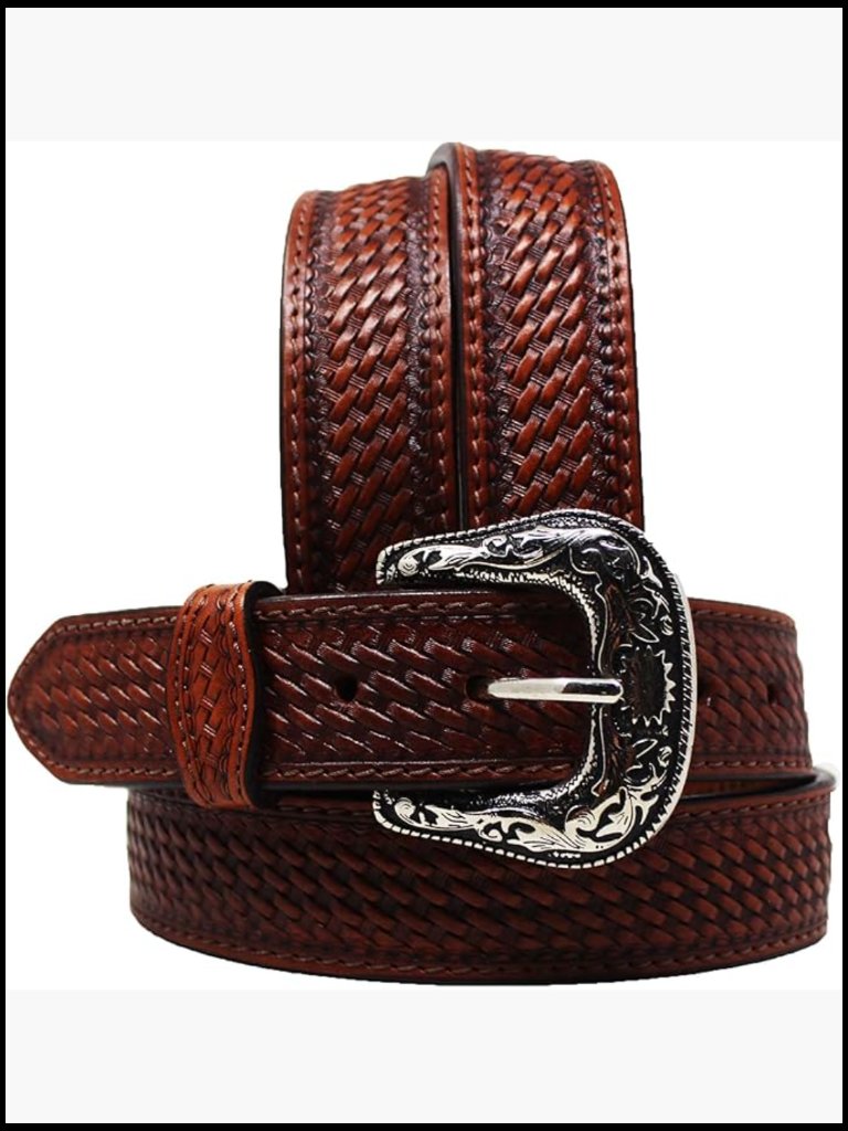 Full-Grain Brown Leather Tapered Basket Weave Western Belt With Removable Buckle